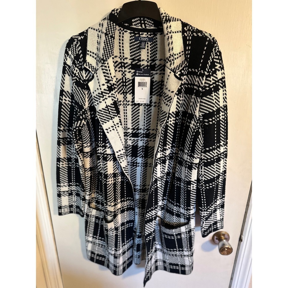 Chaps Sweater Black White Plaid Knit Long Cardigan Coat Size Woman's Small NWT‎